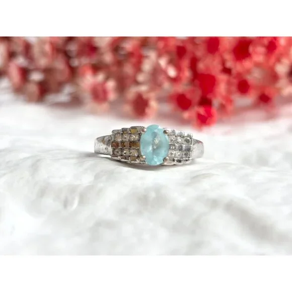Natural Aquamarine Geoemtric 925 Sterling Silver Vintage Ring - sz 7.25 - Picture 14 of 16